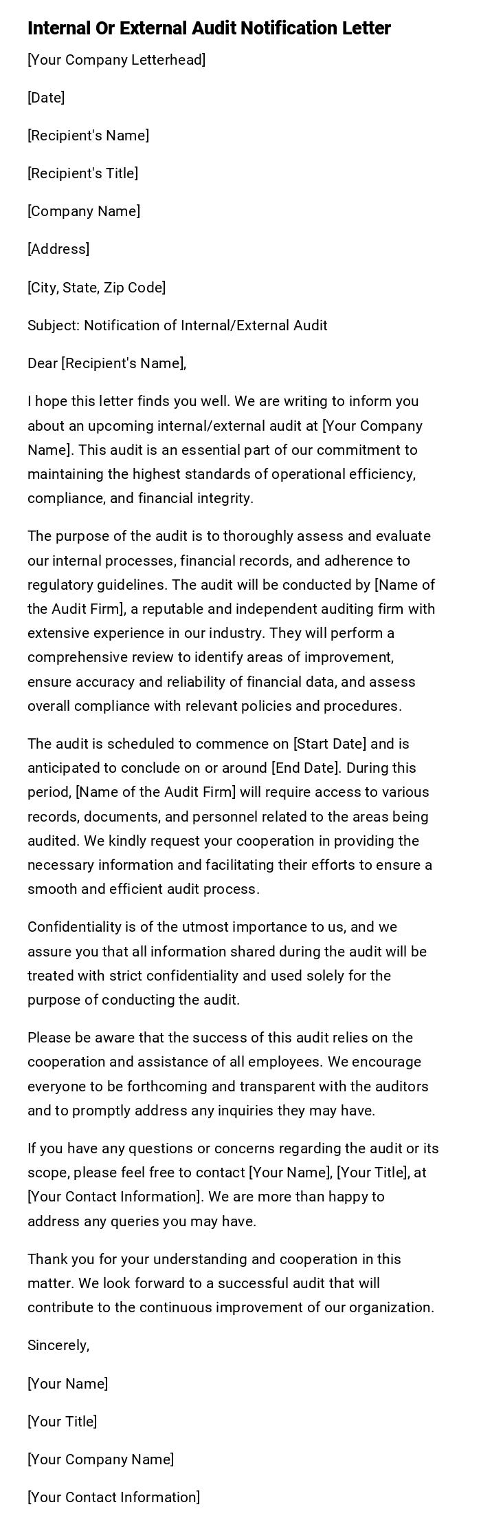 Internal Or External Audit Notification Letter