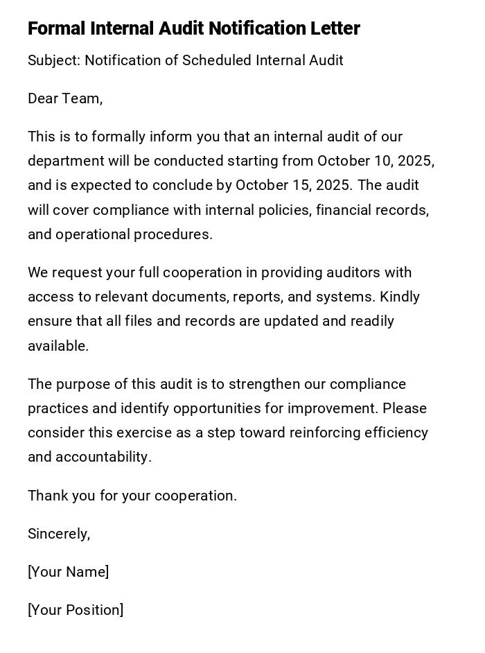 Formal Internal Audit Notification Letter