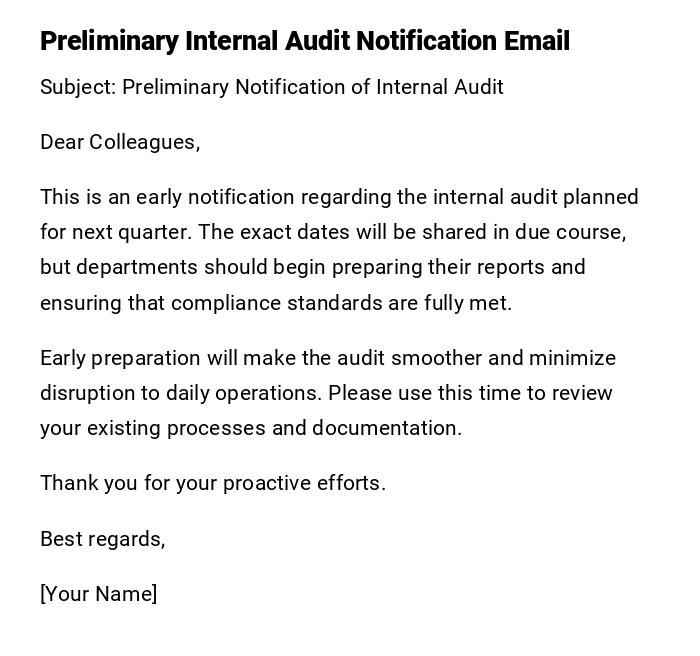 Preliminary Internal Audit Notification Email
