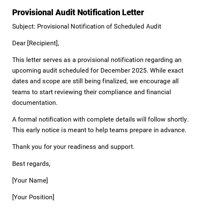 Provisional Audit Notification Letter