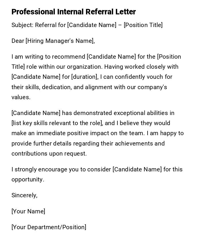 Professional Internal Referral Letter Professional Internal Referral Letter