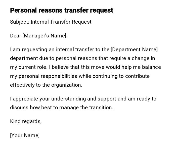 Personal reasons transfer request Personal reasons transfer request