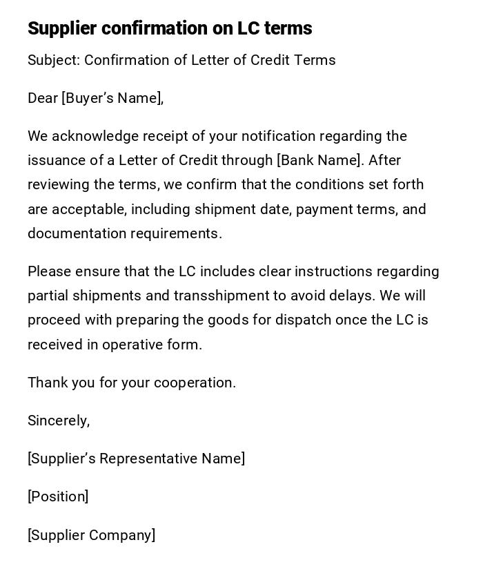 Supplier confirmation on LC terms Supplier confirmation on LC terms