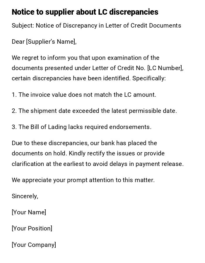 Notice to supplier about LC discrepancies Notice to supplier about LC discrepancies
