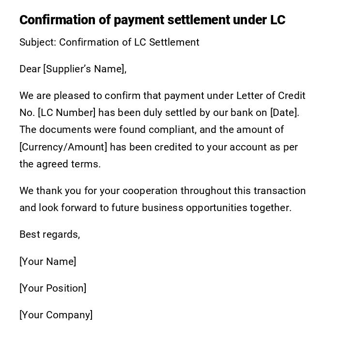 Confirmation of payment settlement under LC Confirmation of payment settlement under LC