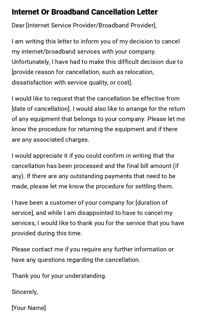 Internet Or Broadband Cancellation Letter