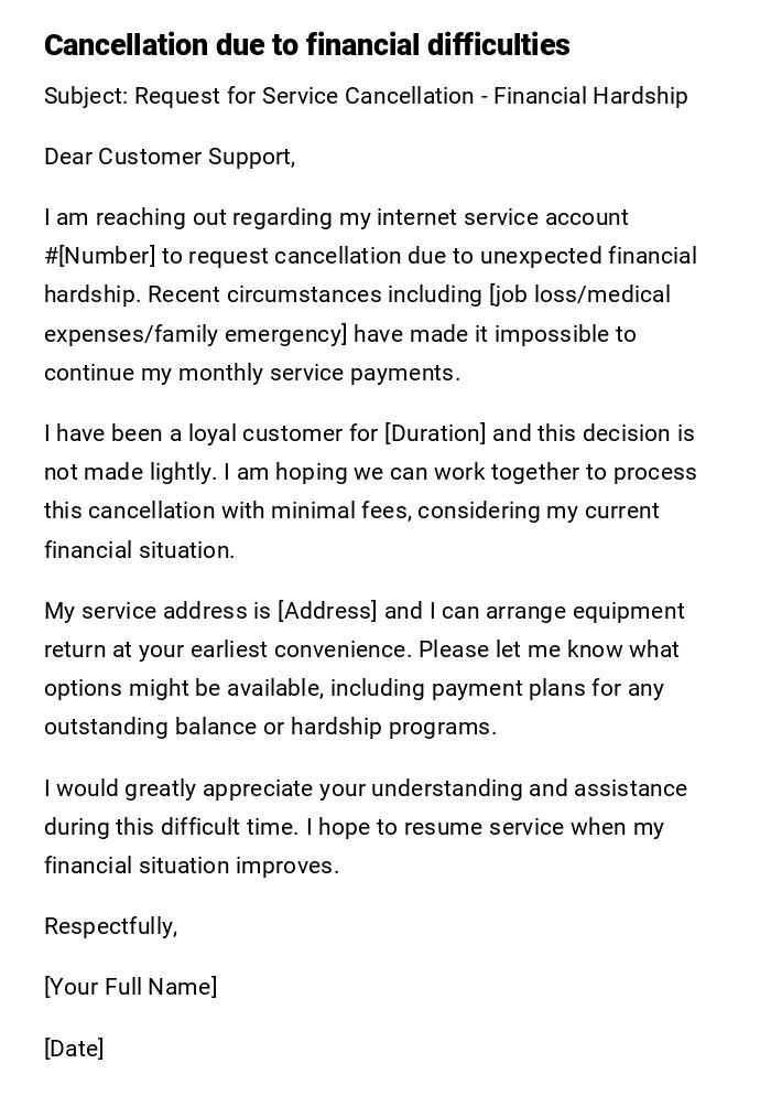 Cancellation due to financial difficulties Cancellation due to financial difficulties