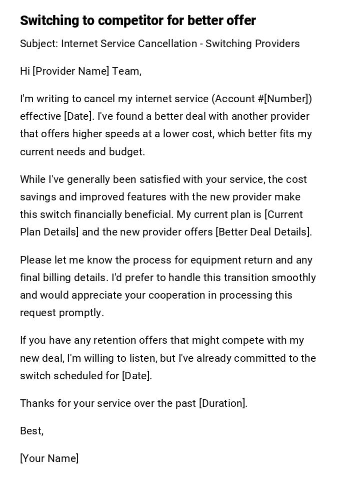 Switching to competitor for better offer Switching to competitor for better offer