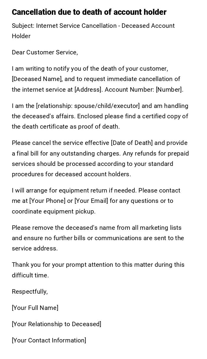 Cancellation due to death of account holder Cancellation due to death of account holder