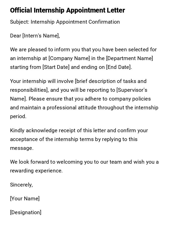 Official Internship Appointment Letter Official Internship Appointment Letter
