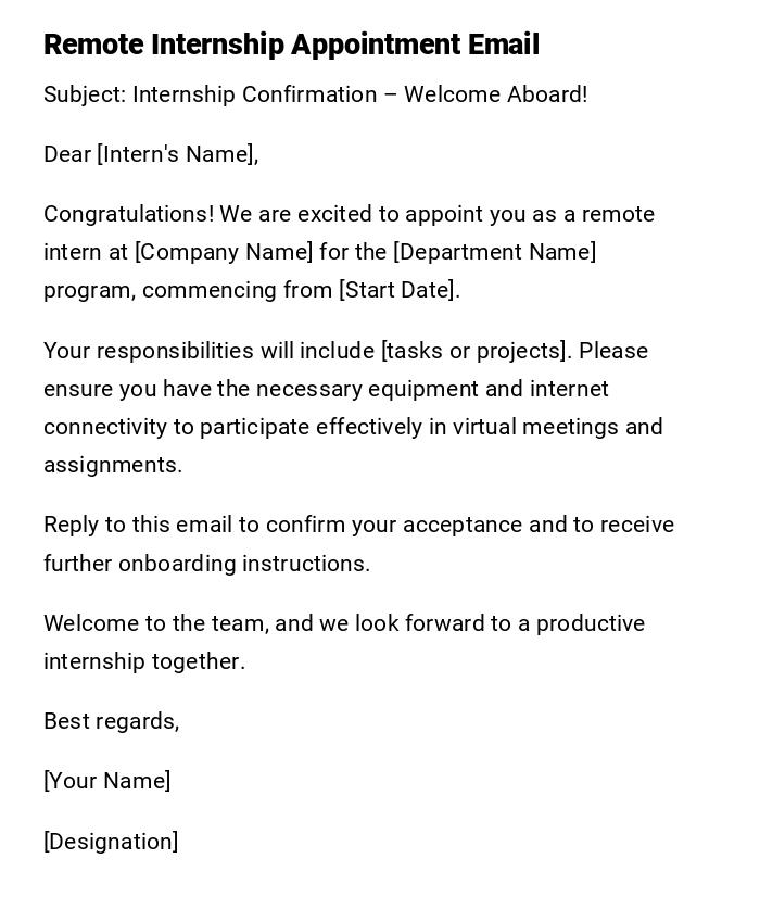 Remote Internship Appointment Email Remote Internship Appointment Email