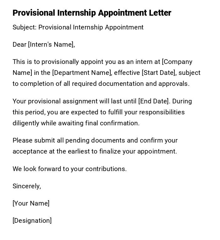 Provisional Internship Appointment Letter Provisional Internship Appointment Letter