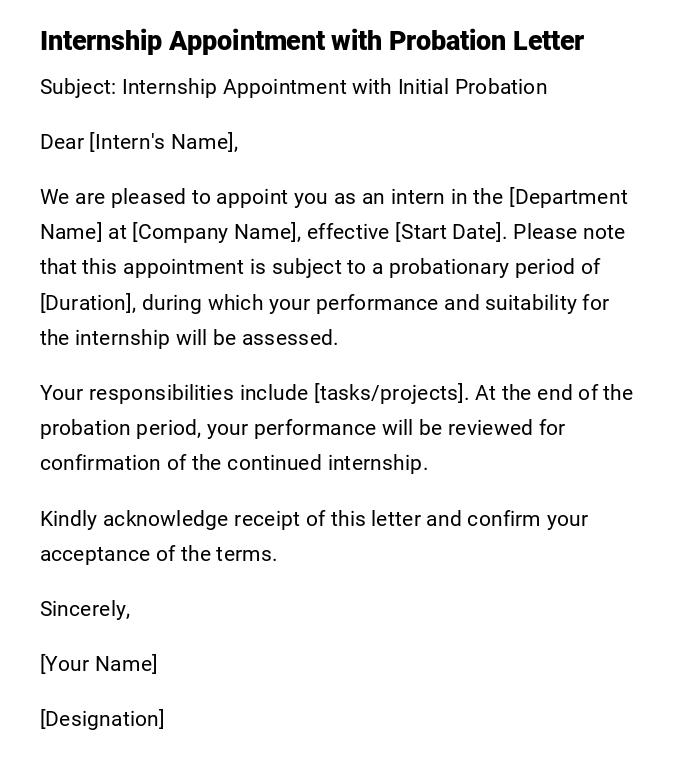 Internship Appointment with Probation Letter Internship Appointment with Probation Letter