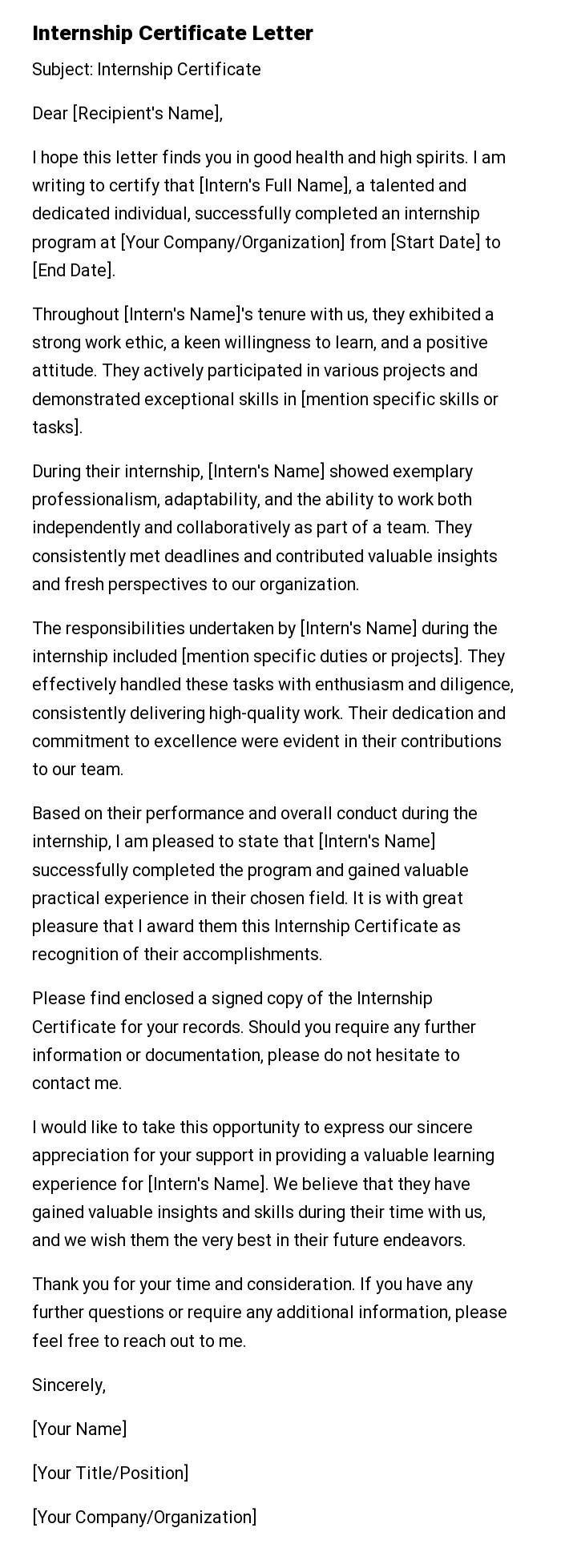 Internship Certificate Letter