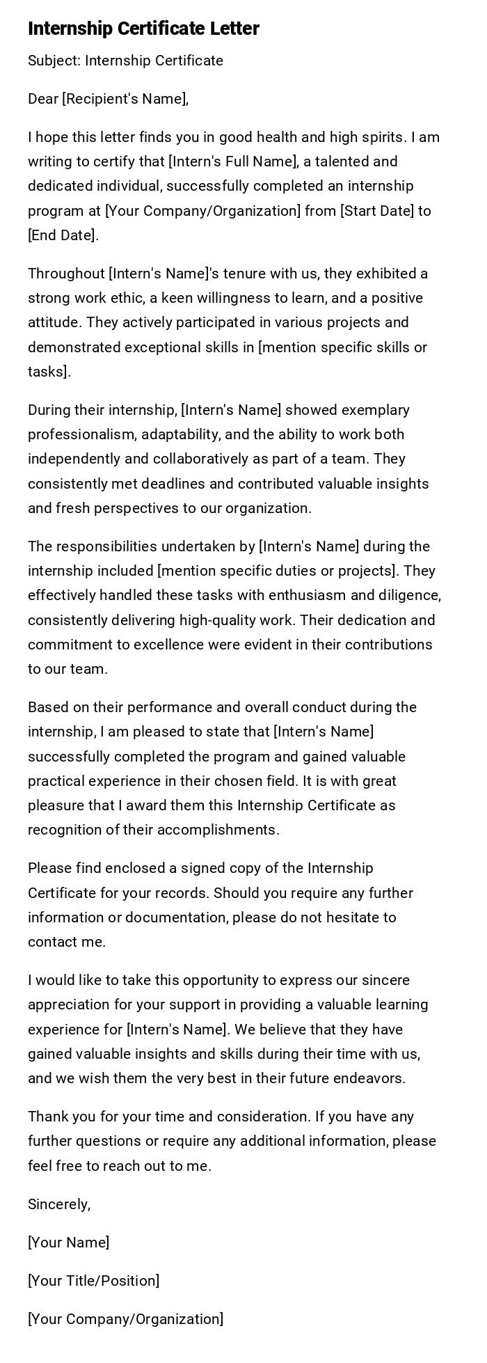 Internship Certificate Letter