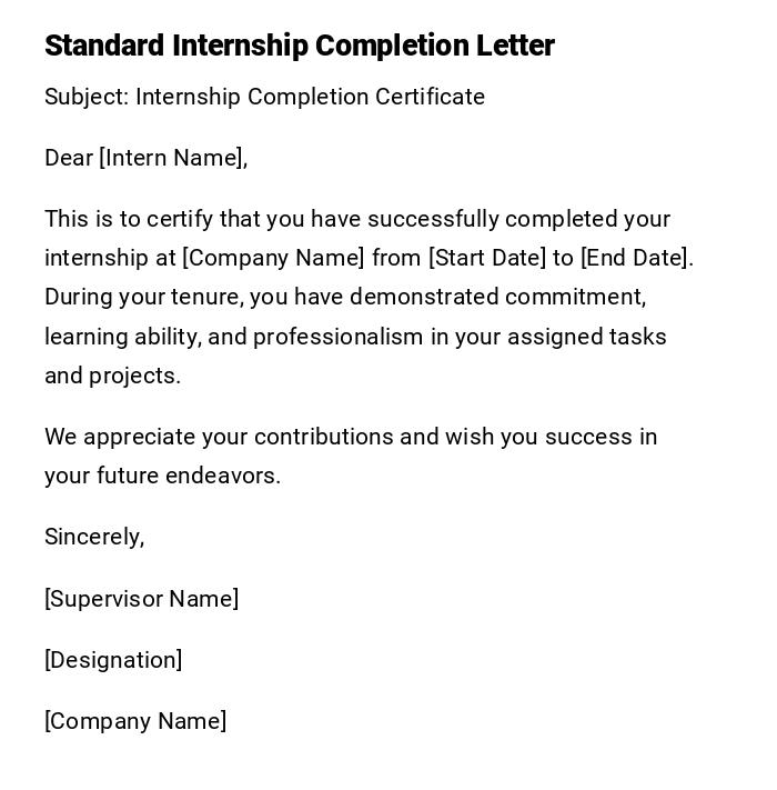 Standard Internship Completion Letter