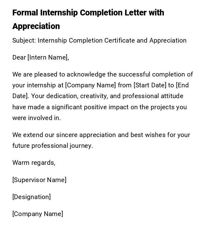 Formal Internship Completion Letter with Appreciation