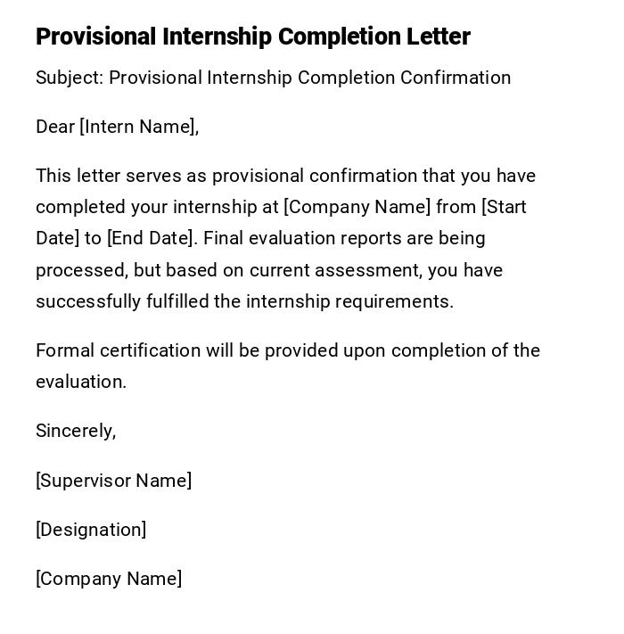 Provisional Internship Completion Letter