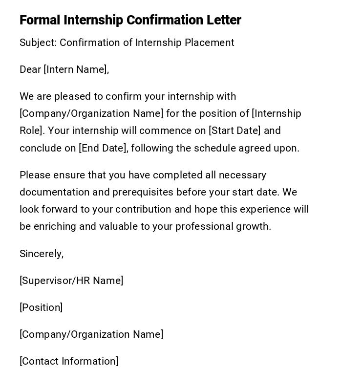 Formal Internship Confirmation Letter