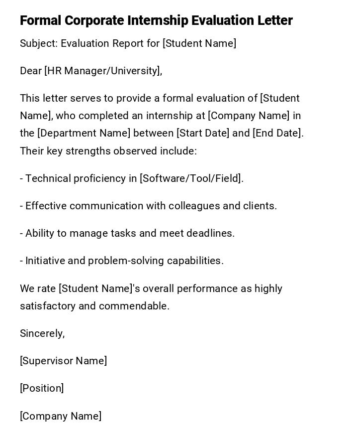 Formal Corporate Internship Evaluation Letter Formal Corporate Internship Evaluation Letter