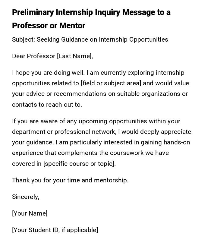 Preliminary Internship Inquiry Message to a Professor or Mentor