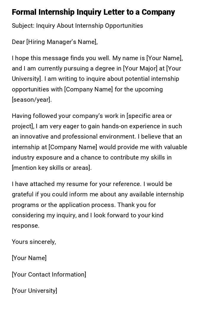 Formal Internship Inquiry Letter to a Company