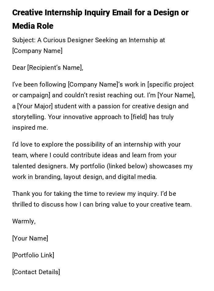 Creative Internship Inquiry Email for a Design or Media Role