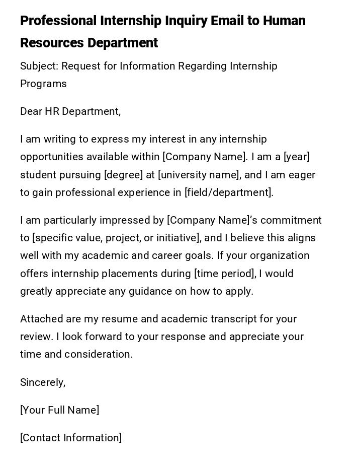 Professional Internship Inquiry Email to Human Resources Department