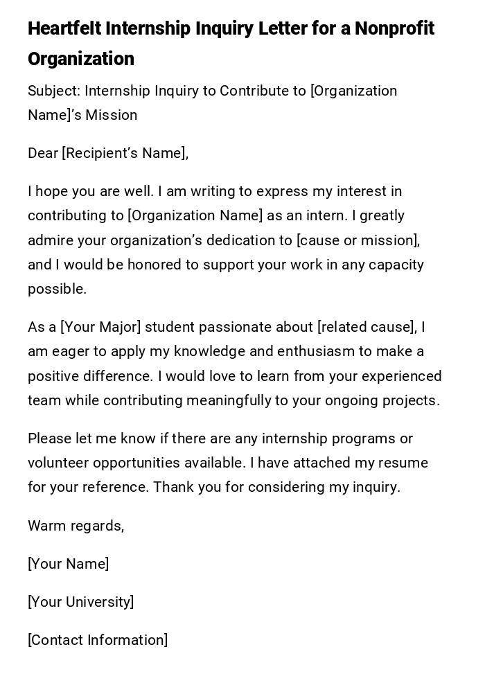Heartfelt Internship Inquiry Letter for a Nonprofit Organization