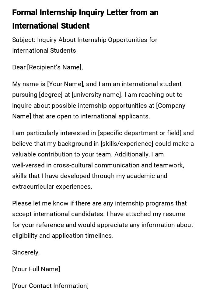 Formal Internship Inquiry Letter from an International Student