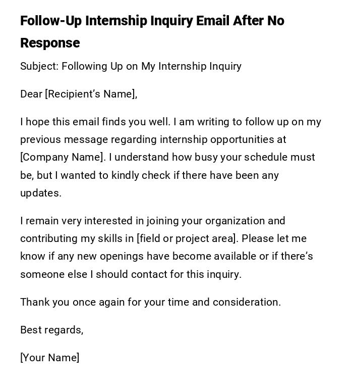 Follow-Up Internship Inquiry Email After No Response