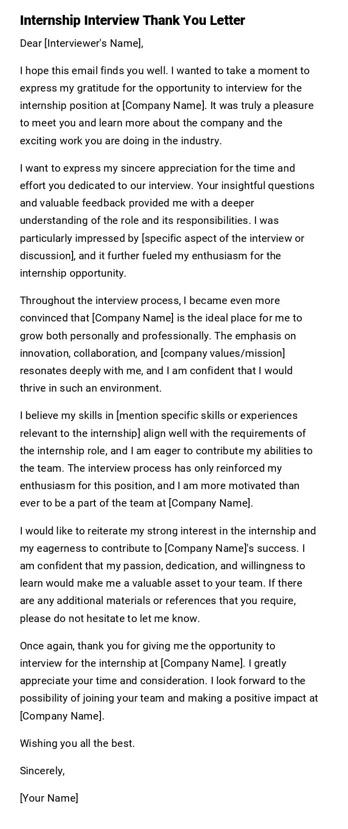 Internship Interview Thank You Letter