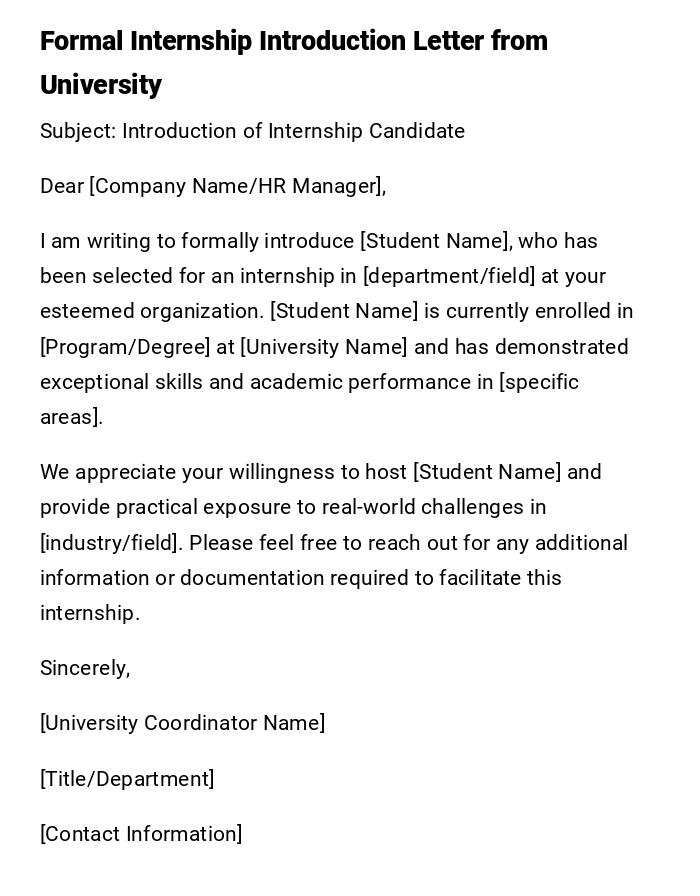 Formal Internship Introduction Letter from University Formal Internship Introduction Letter from University