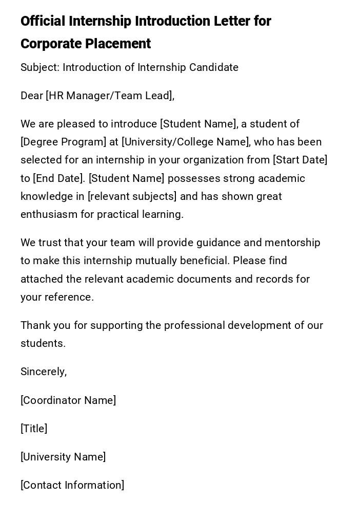 Official Internship Introduction Letter for Corporate Placement Official Internship Introduction Letter for Corporate Placement