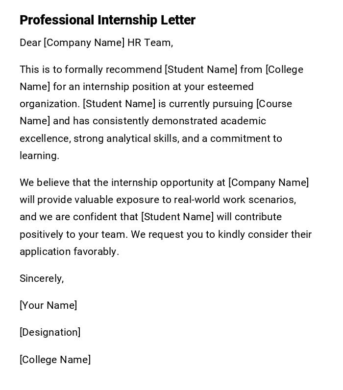 Professional Internship Letter Professional Internship Letter