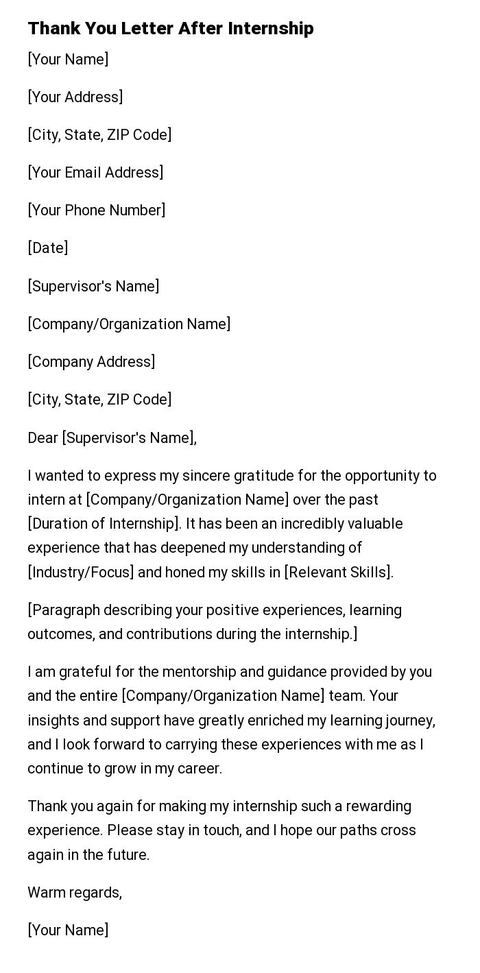 Thank You Letter After Internship