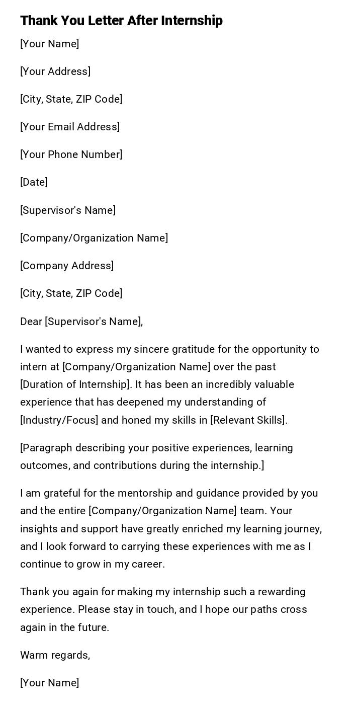 Thank You Letter After Internship