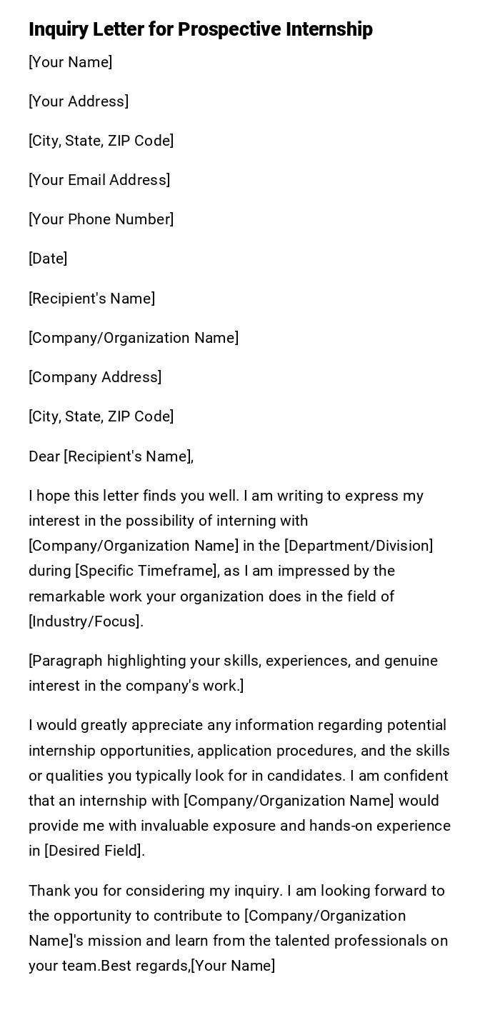 Inquiry Letter for Prospective Internship