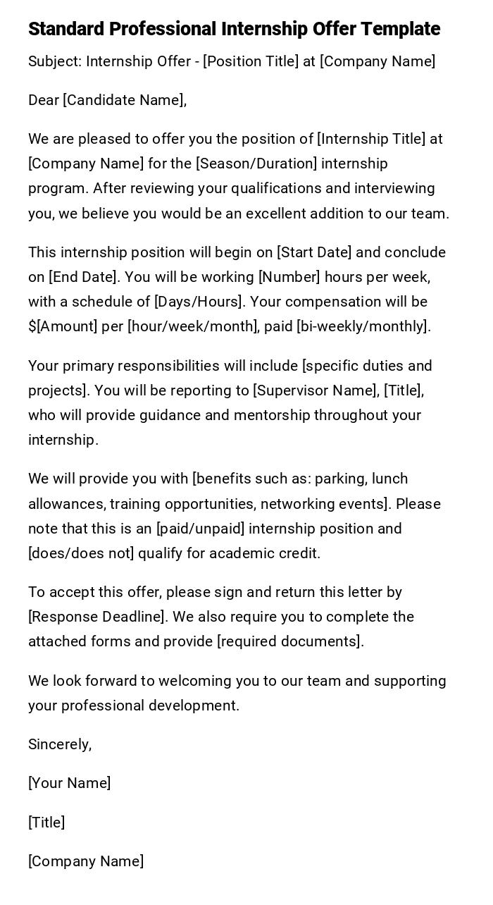 Standard Professional Internship Offer Template Standard Professional Internship Offer Template