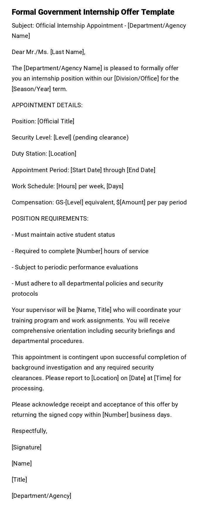 Formal Government Internship Offer Template Formal Government Internship Offer Template