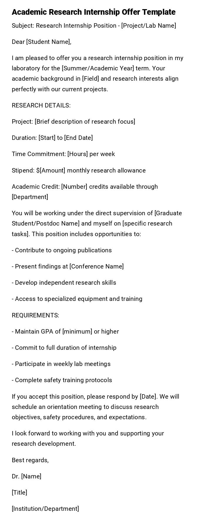 Academic Research Internship Offer Template Academic Research Internship Offer Template