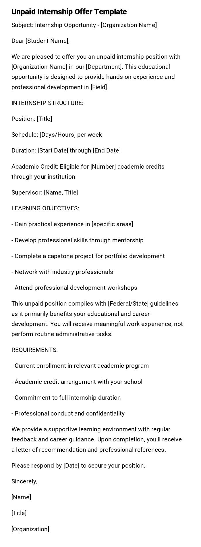 Unpaid Internship Offer Template Unpaid Internship Offer Template