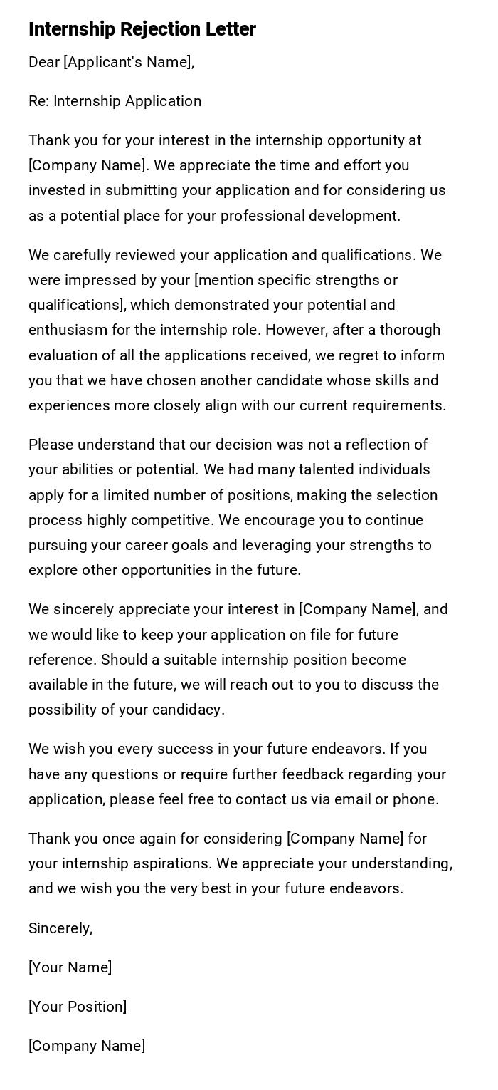 Internship Rejection Letter