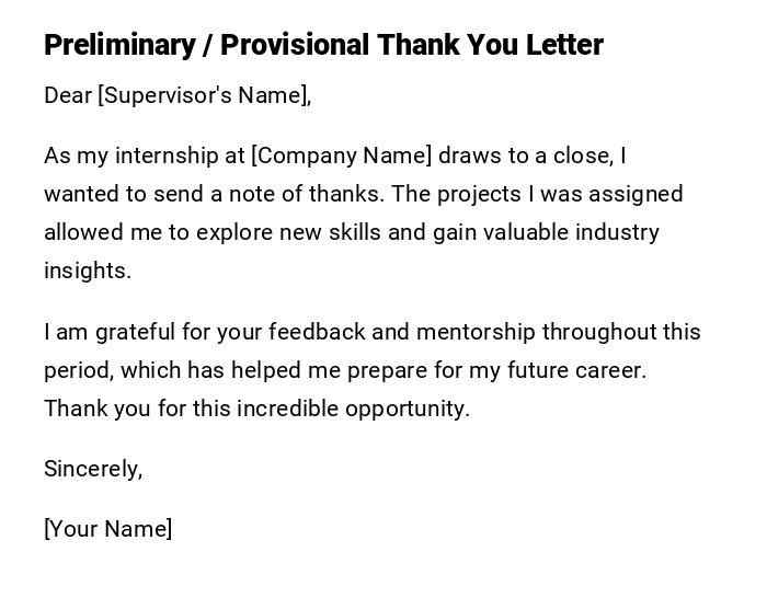 Preliminary / Provisional Thank You Letter Preliminary / Provisional Thank You Letter
