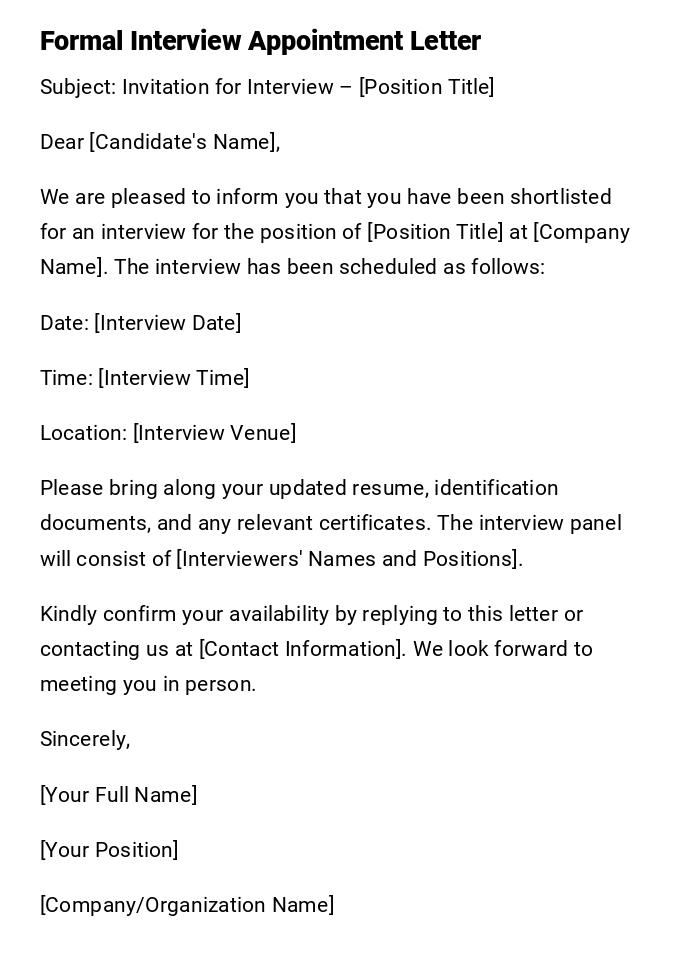 Formal Interview Appointment Letter Formal Interview Appointment Letter