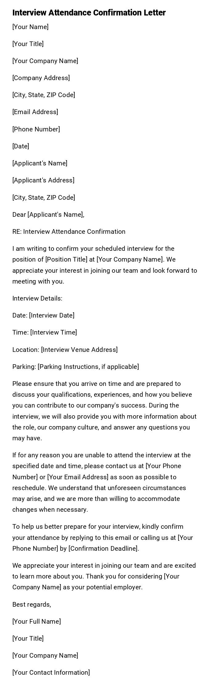 Interview Attendance Confirmation Letter