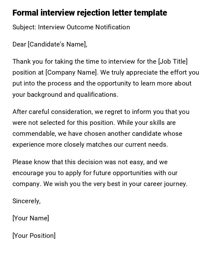 Formal interview rejection letter template
