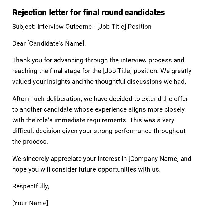 Rejection letter for final round candidates