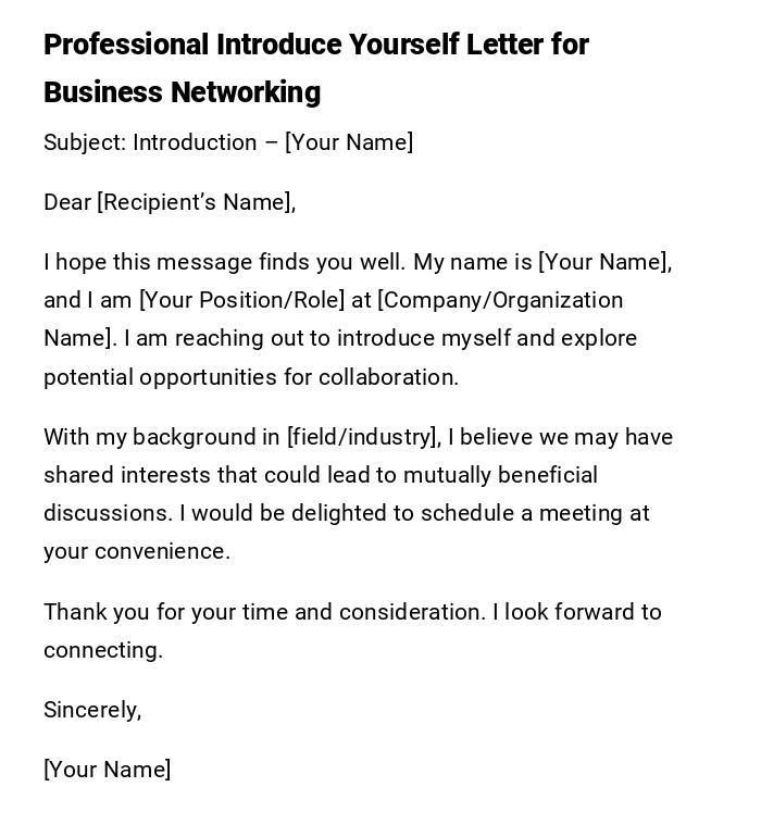 Professional Introduce Yourself Letter for Business Networking Professional Introduce Yourself Letter for Business Networking