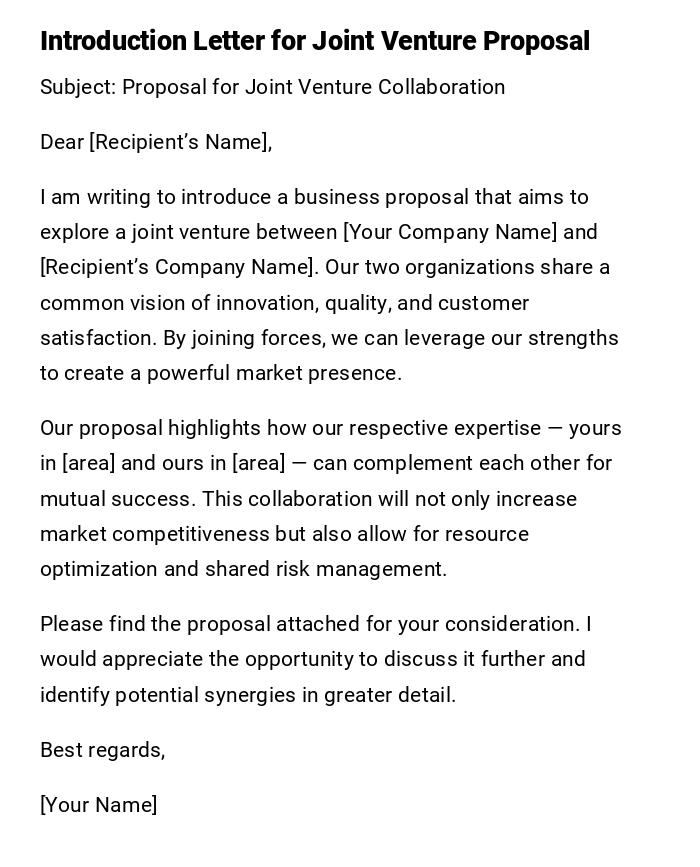 Introduction Letter for Joint Venture Proposal Introduction Letter for Joint Venture Proposal